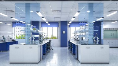 Geniş ve parlak bir laboratuvar. 3d illüstrasyon