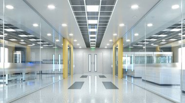 Geniş ve parlak laboratuardaki yürüyüş yolunun içi. 3d illüstrasyon