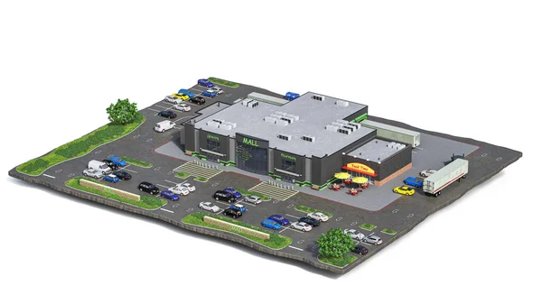Einkaufszentrum Auf Weißem Hintergrund Mit Angrenzendem Gebiet Parkplatz Autoservice Restaurant — Stockfoto