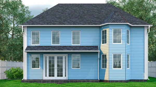 Exterior of wooden house with asphalt shingle roofing. 3d illustration