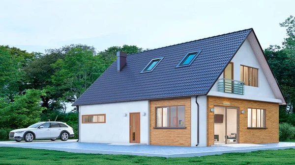 Exterior of exterior of modular house with roof tiles. 3d illustration