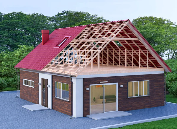 Roofing modern modular homes exterior. 3d illustration