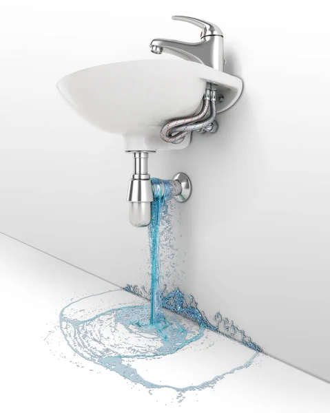 A leaking under the sink is splashing around on white background, water flow concept, 3d illustration