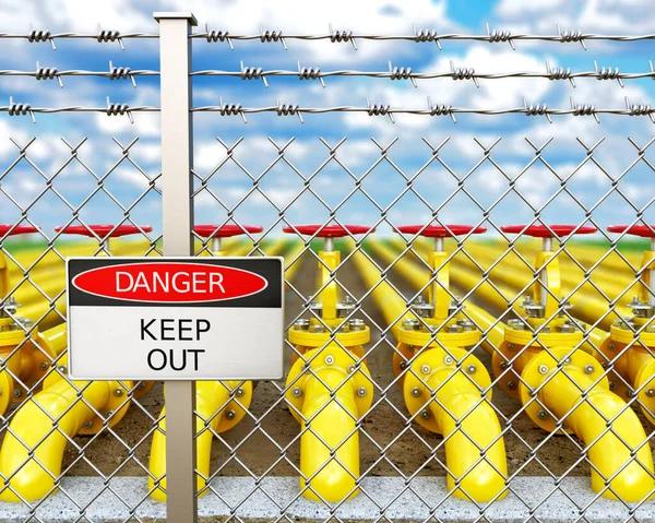 Yellow Metal Pipes Laid Far Horizon Netting Fence Barbed Wire — Stock Photo, Image