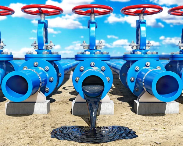 Oild flows out of blue metal pipeline and falls down the ground, oil puddle, pipeline concept, 3d illustration