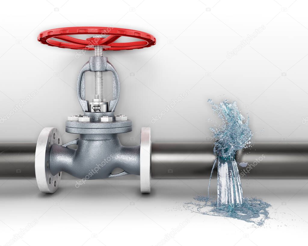 Front view on a metal pipe with a red valve that has a break in it and the water is flowing and splashing out from there, water flow concept, 3d illustration