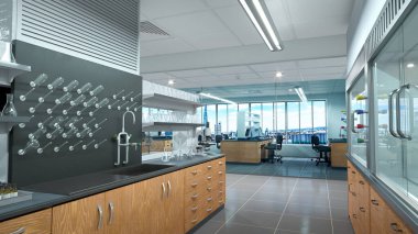 Laboratuvar ekipmanlarıyla birlikte. 3d illüstrasyon
