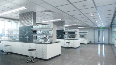 Geniş ve parlak bir laboratuvar. 3d illüstrasyon