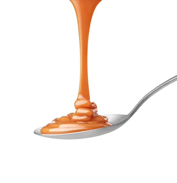 Drip Caramel Spoon White Background — Stock Photo, Image