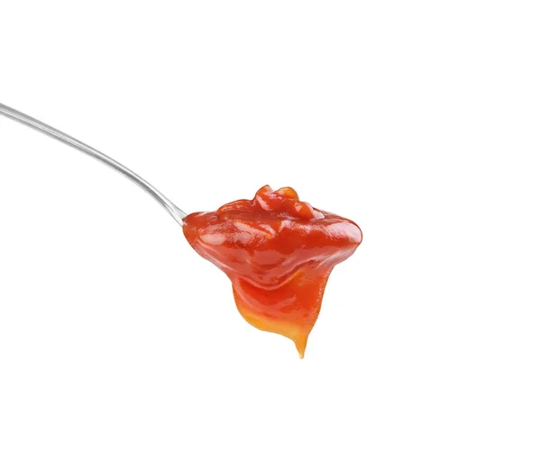Ketchup Uma Colher Fundo Branco — Fotografia de Stock