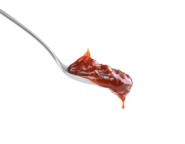 Dark Sauce Spoon White Background — Stock Photo, Image