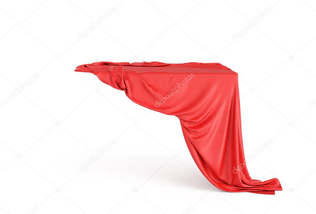 Red cloth covers invisible table on a white background. 3d illustration