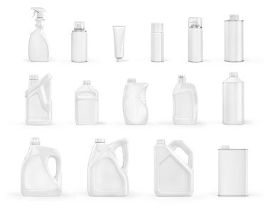 Beyaz arka planda farklı beyaz deterjan şişeleri. 3d illüstrasyon