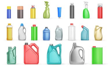 Beyaz arka planda farklı araba bakım ürünleri var. Yağ, deterjan ve kayganlaştırıcılar. 3d illüstrasyon