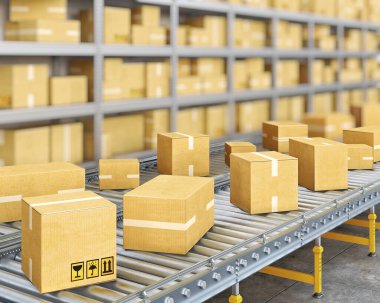 Taşıyıcı bantlarda kutular hizada hareket eder, birbirlerine yakın dururlar, kutular bir yana bulanık raf, 3d illüstrasyon