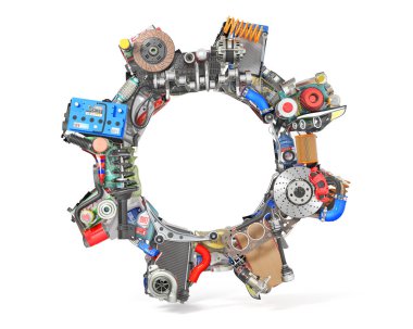 Dişliler şeklinde otomobil parçaları. Yolcu ve spor arabaların yedek parça reklamlarında kullanmak için. 3d illüstrasyon