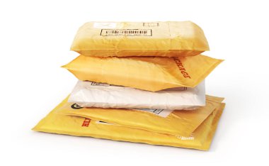 Beyaz arkaplanda posta paketleri. 3d illüstrasyon