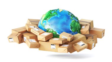 Gezegendeki posta paketleri beyaz arka planda. 3d illüstrasyon