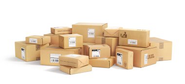 Beyaz arkaplanda posta paketleri. 3d illüstrasyon