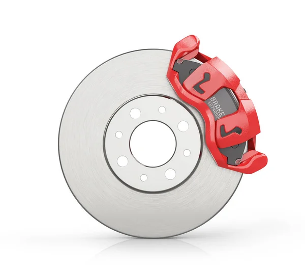赤いキャリパーと車のブレーキディスク 白い背景に車のブレーキ 3Dイラスト — ストック写真