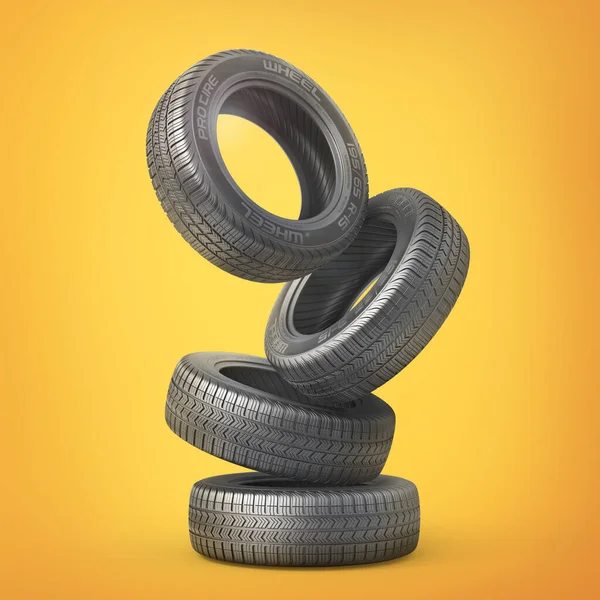 Stack of car tires without brand on a color background. 3d illustration