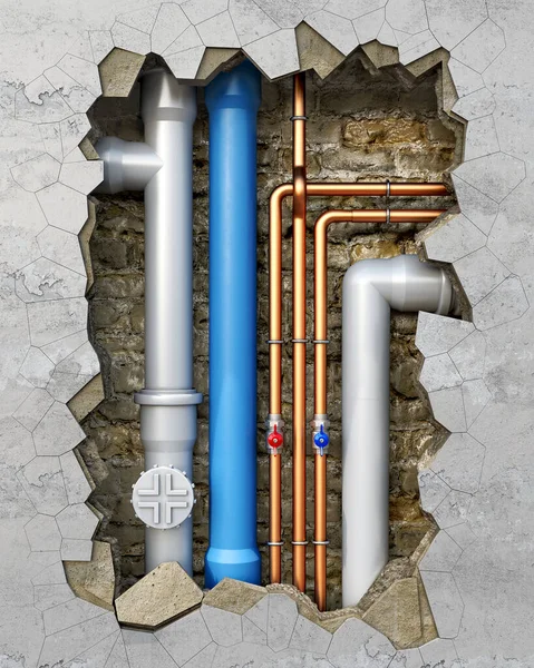 Plumbing Pvc Copper Pipes Damaged Wall Hole Illustration — Stock Photo, Image