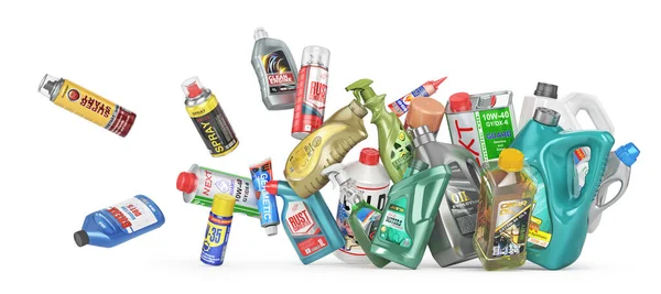 Different Bottles Car Maintenance Products White Background Oil Detergents Lubricants — Stock Photo, Image