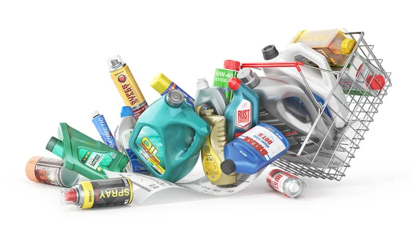 Diferentes Botellas Productos Mantenimiento Automóviles Sobre Fondo Blanco Aceite Detergentes —  Fotos de Stock