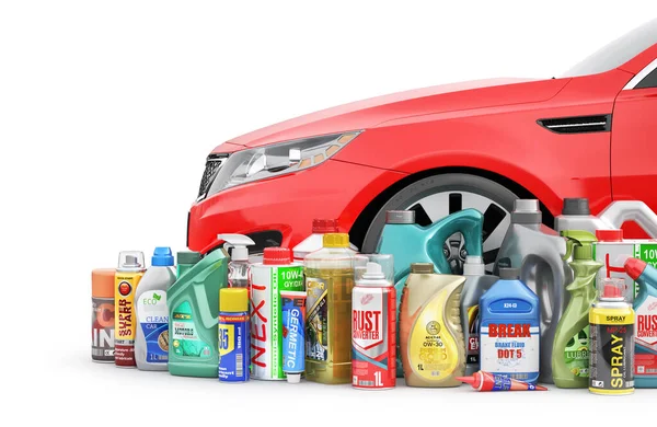 Garrafas Diferentes Produtos Manutenção Carro Perto Carro Vermelho Óleo Detergentes — Fotografia de Stock