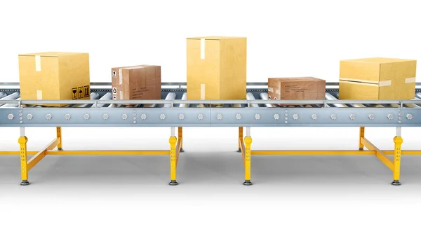 Front view on a metal conveyor with boxes on it, isolated on white background, 3d illustration