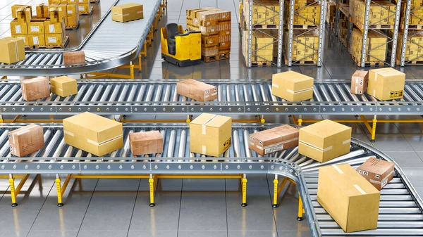 Metal conveyers move boxes inside the warehouse with shelves and loader, 3d illustration