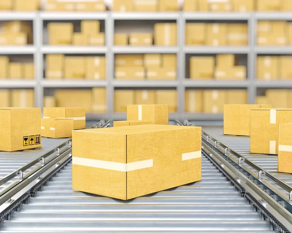 Boxes move along conveyor belts on the foreground, shelf with boxes on a blurred background, 3d illustration