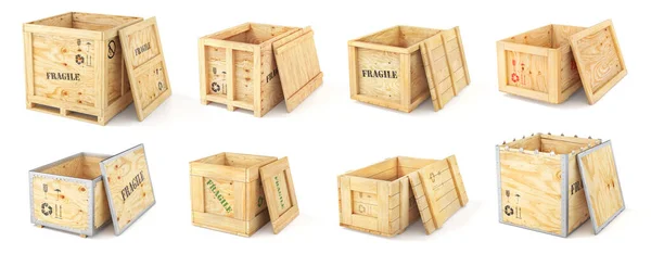 Set Open Delivery Wooden Boxes Isolation White Background Illustration — Stockfoto