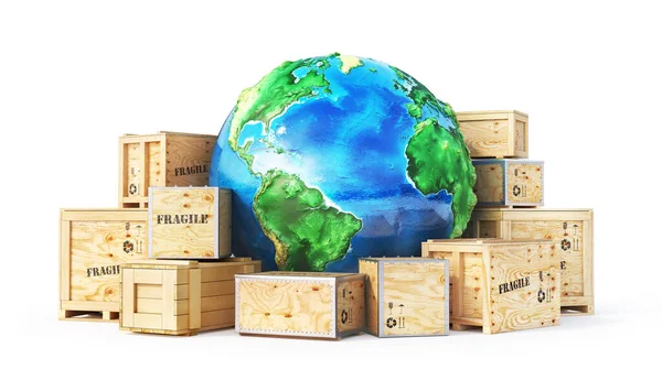 Delivery Wooden Boxes Earth Isolation White Background Illustration — Stock Photo, Image
