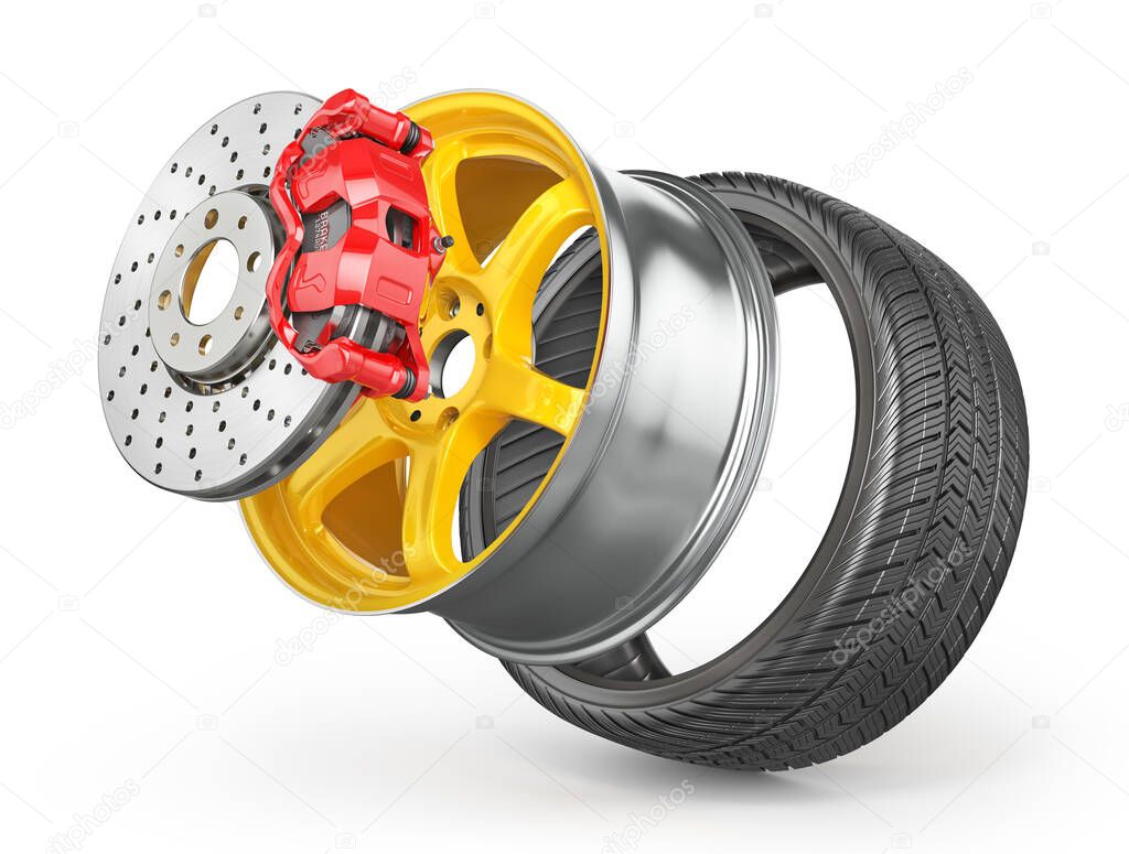 Wheel structure. Car wheel with brake isolated on a white background. 3d illustration