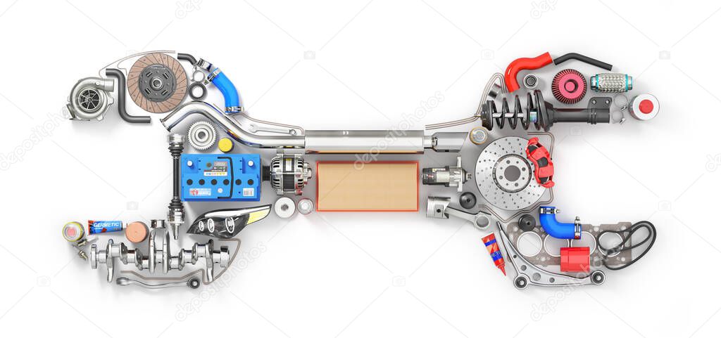 Auto parts in form of car wrench. To use in the advertising of spare parts for passenger and sports cars. 3d illustration
