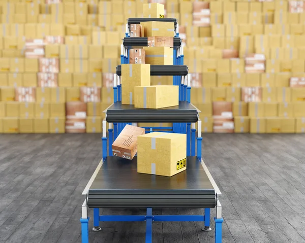 Front view on boxes move along the conveyor belts, big stack of boxes on a blurred background, 3d illustration