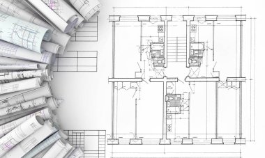 Bina planları ve inşaat planları beyaz 3D resimlerle izole edilmiş rulolarda en üst çekim.