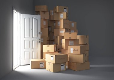 Delivery concept. Cardboard boxes and mail packages near door. 3d illustration