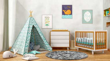 Modern children room in cyan tones with tent or tepee, cozy round rug, swaddle chest and cradle and other decor, 3d illustration