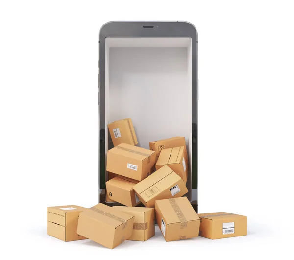 Online Orders Cardboard Boxes Fall Out Phone Illustration — Stockfoto