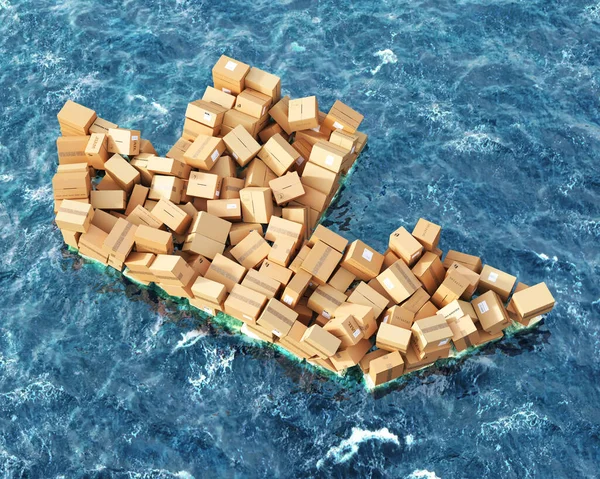 Transportation by water. Cardboard boxes pile in form of ship. 3d illustration