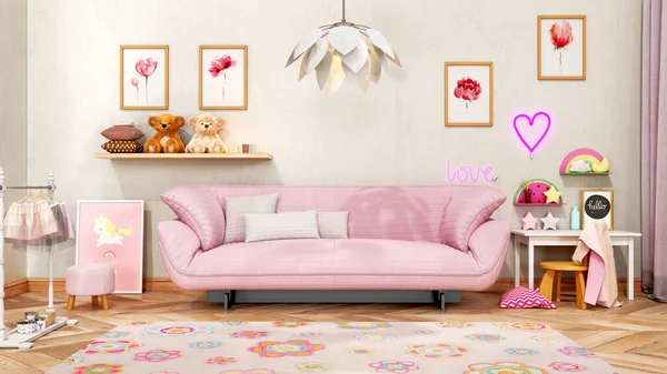 Stylish Pinky Girl Children Room Sofa Bed Soft Carpet Tender — 스톡 사진