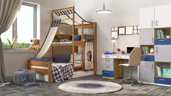 Modern Children Room Creative Bunk Bed Rug Study Area Illustration — Stockfoto