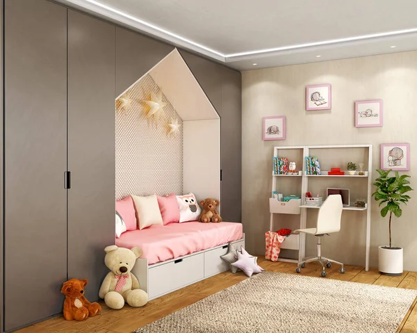 Cozy Girl Children Room Sofa Bed Installed Wardrobe Study Area — Stockfoto