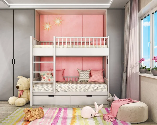 Tender Girl Children Room White Bunk Bed Installed Wardrobe Lot — 스톡 사진