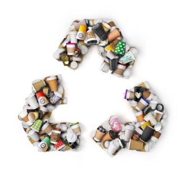 Coffee cups in the form of a recycling sign isolated on a white background