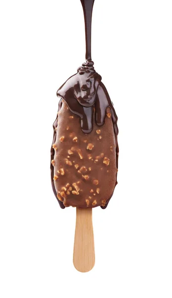 Ice Cream Poured Chocolate White Background — Stock Photo, Image