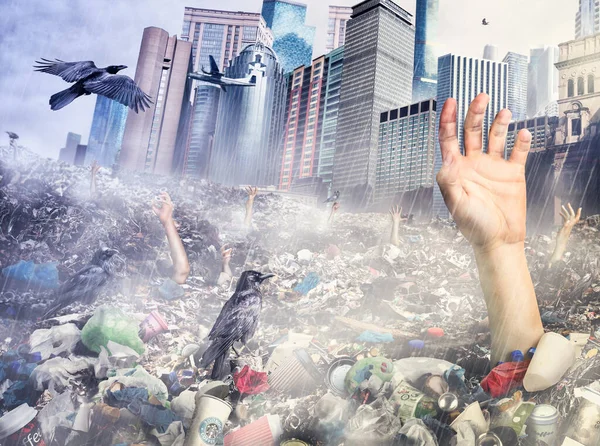 Eco Concept Hands Sticking Out Garbage Field City Background — Zdjęcie stockowe