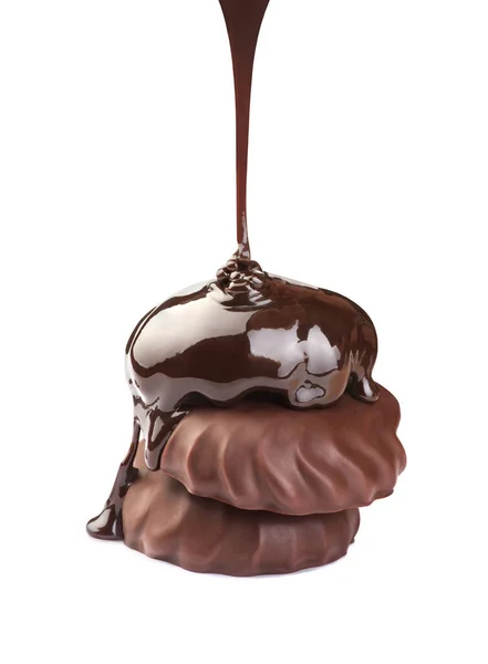 Marshmallows Chocolate Poured Chocolate White Background — Zdjęcie stockowe